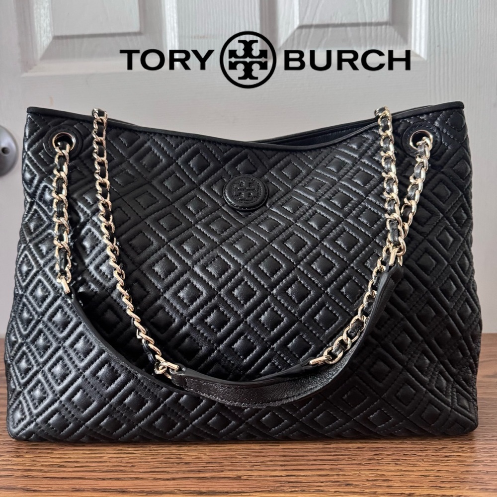 Tory Burch Marion Black Quilted Leather Tote Bag